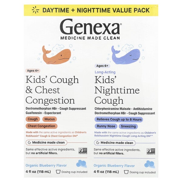 Genexa, Kids' Cough & Chest Congestion Ages 4+, Kids' Nighttime Cough Ages 6+, органик нэрс, 2 Pack, 4 fl oz (118 ml) Each