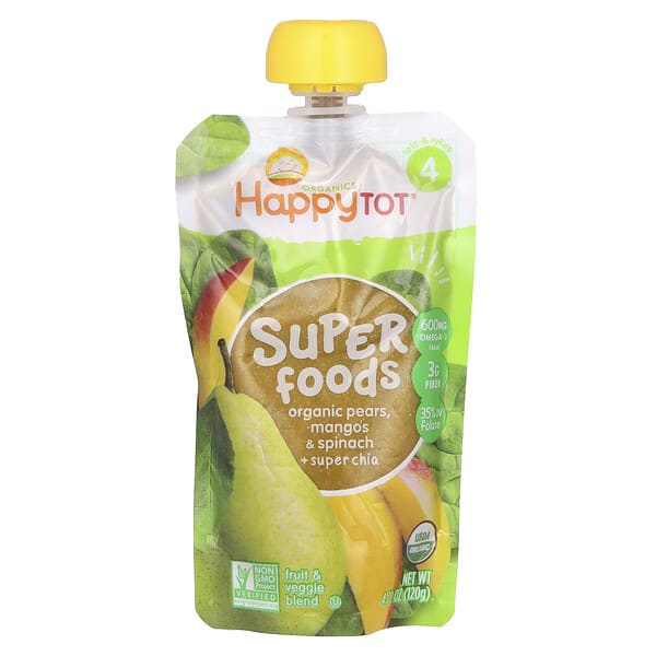 Happy Family Organics, HappyTot, Superfoods, Stage 4, Organic Pears, Mangos & Spinach + Super Chia, 4.22 oz (120 g) (Discontinued Item)