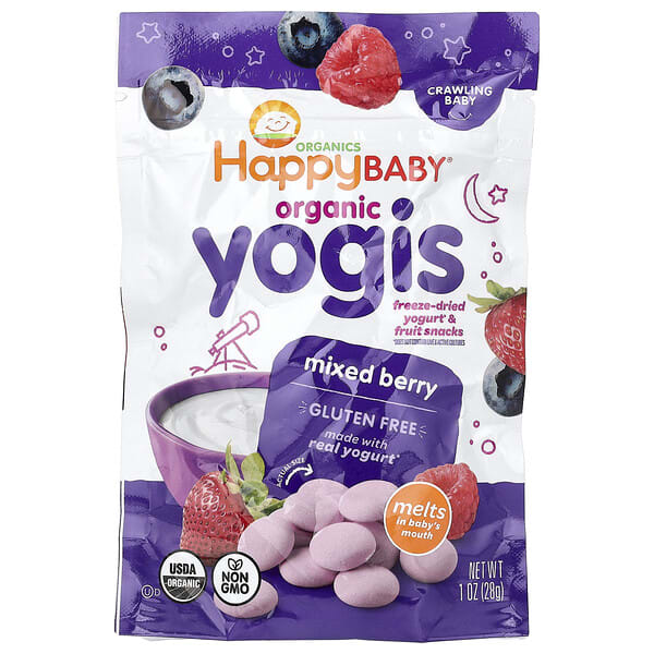 Happy Family Organics, Happy Baby®, Organic Yogis, Freeze Dried Yogurt & Fruit Snacks, Crawling Baby, Mixed жимс, 1 oz (28 g)
