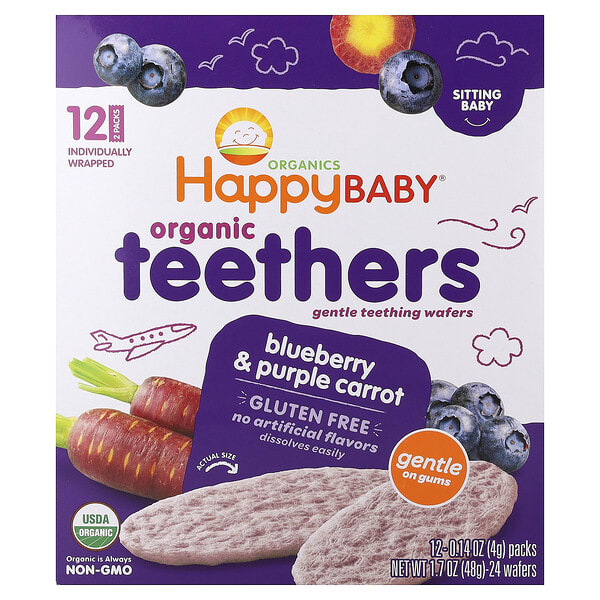 Happy Family Organics, Happy Baby®, Organic Teethers, Gentle Teething Wafers, Blueberry & Purple Carrot, 12 Packs, 0.14 oz (4 g) тус бүр
