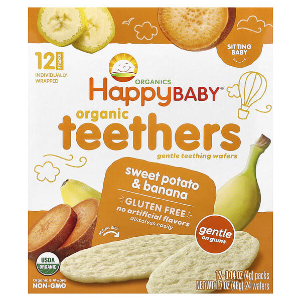 Happy Family Organics, Happy Baby®, Organic Teethers, Gentle Teething Wafers, Sweet Potato & Banana, 12 Packs, 0.14 oz (4 g) тус бүр