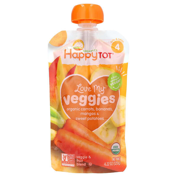 Happy Family Organics, Happy Tot®, Love My Veggies, Stage 4, Organic Carrots, Bananas, Mangos & Sweet Potatoes, 4.22 oz (120 g)