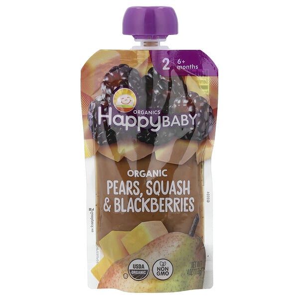 Happy Family Organics, Happy Baby®, Organic Baby Food, 6+ Months, Pears, Squash & Blackberries, 4 oz (113 g)