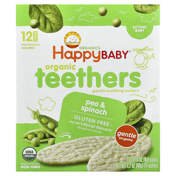 Happy Family Organics, Happy Baby®, Organic Teethers, Gentle Teething Wafers, Sitting Baby, Pea & Spinach, 12 Packs, 0.14 oz (4 g) тус бүр