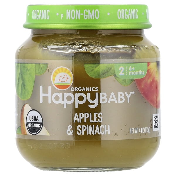 Happy Family Organics, Happy Baby®, Apples & Spinach, 6+ Months, 4 oz (113 g) (Discontinued Item)