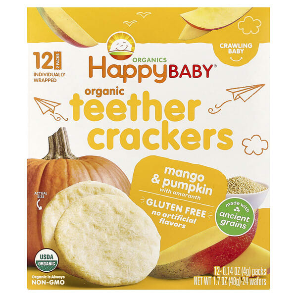 Happy Family Organics, Happy Baby®, Organic Teether Crackers, Mango & Pumpkin with Amaranth, 12 Packs, 0.14 oz (4 g) тус бүр