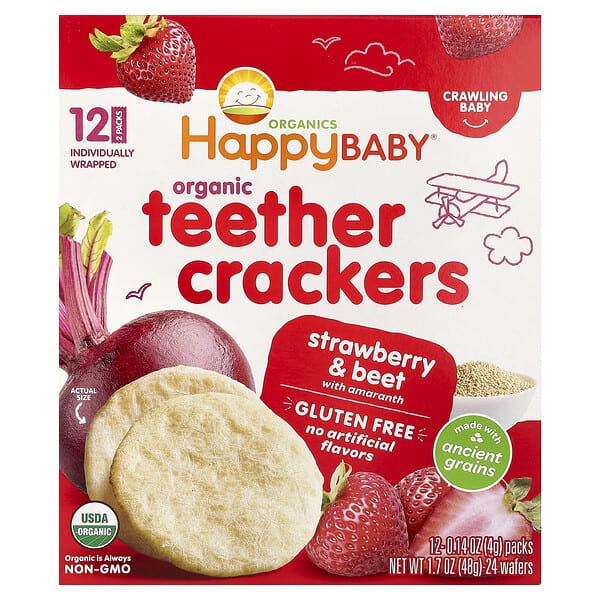 Happy Family Organics, Happy Baby, Organic Teether Crackers, Strawberry & Beet with Amaranth, 12 Packs, 0.14 oz (4 g) тус бүр