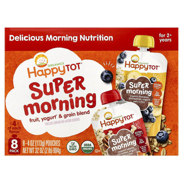Happy Family Organics, Happy Tot®, Super Morning, For 2+ Years, жимс, Yogurt & Grain Blend, Variety Pack, 8 Pack, 4 oz (113 g) Each
