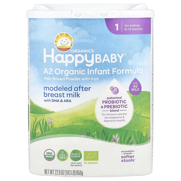 Happy Family Organics, A2 Organic Infant Formula, Milk-Based Powder with Iron, 0-12 Months, 22.9 oz (650 g)