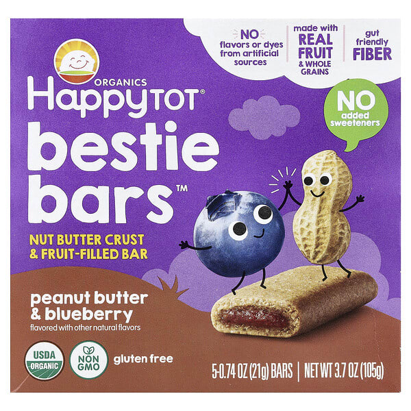 Happy Family Organics, HappyTot®, Bestie Bars™, Peanut Butter & Blueberry, 5 Bars, 0.74 oz (21 g) Each