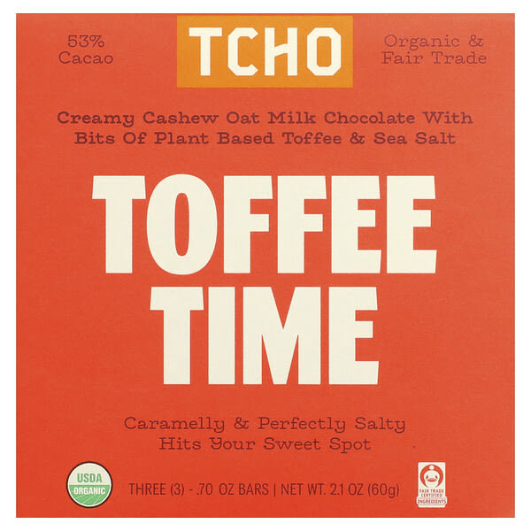 TCHO, Toffee Time, Oat Milk Chocolate With Toffee & Sea Salt, 53% Cacao, 3 Bars, 0.70 oz Each