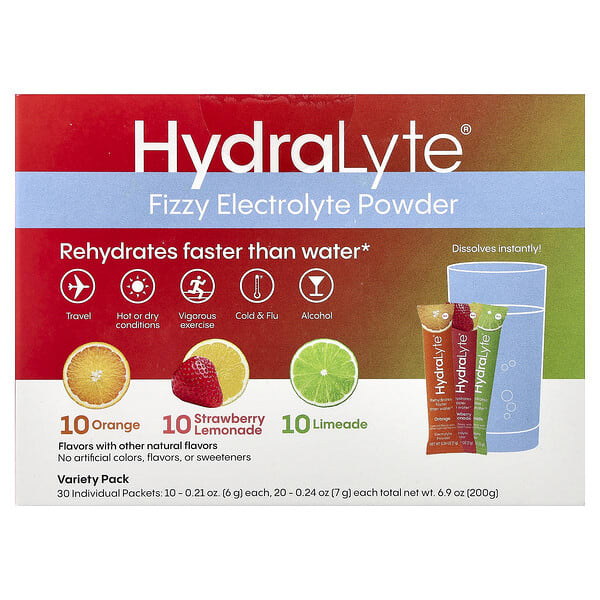 Hydralyte, Fizzy Electrolyte Powder, Variety Pack, Orange, Strawberry Lemonade, Limeade, 30 Individual Packets, 6.9 oz (200 g)