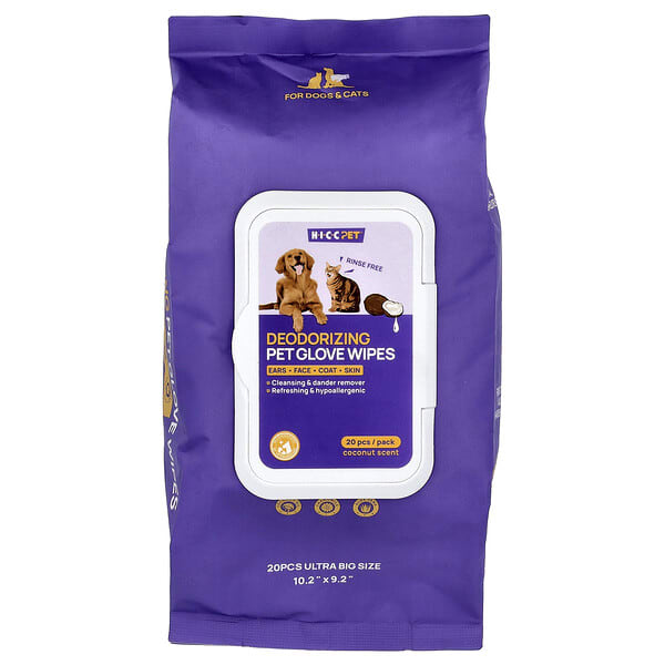 HICC Pet, Deodorizing Pet Glove Wipes, For Dogs & Cats, Coconut, 20 ширхэг