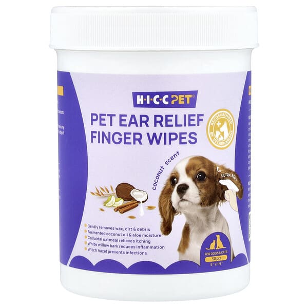 HICC Pet, Pet Ear Relief Finger Wipes, For Dogs & Cats, Coconut, 50 ширхэг