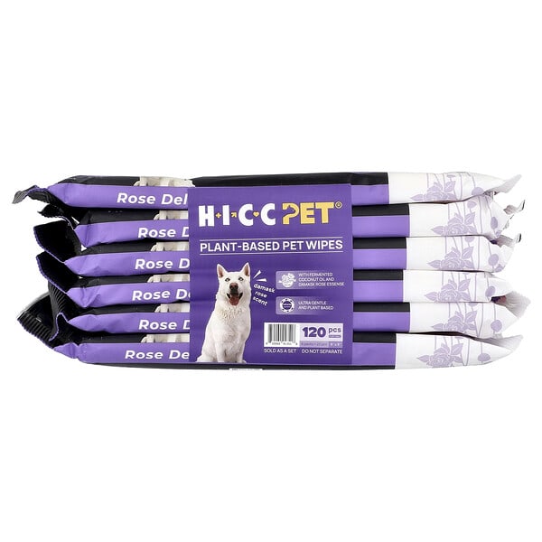 HICC Pet, Plant-Based Pet Wipes, For Dogs & Cats, Damask Rose, 6 Packs, 20 Wipes Each