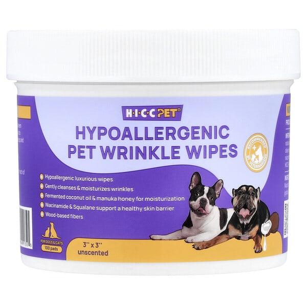 HICC Pet, Hypoallergenic Pet Wrinkle Wipes, For Dogs & Cats, үнэргүй, 100 Pads (Discontinued Item)