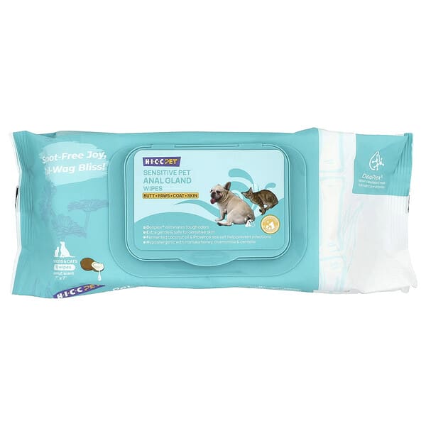 HICC Pet, Sensitive Pet Anal Gland Wipes, For Dogs & Cats, Coconut, 100 Wipes
