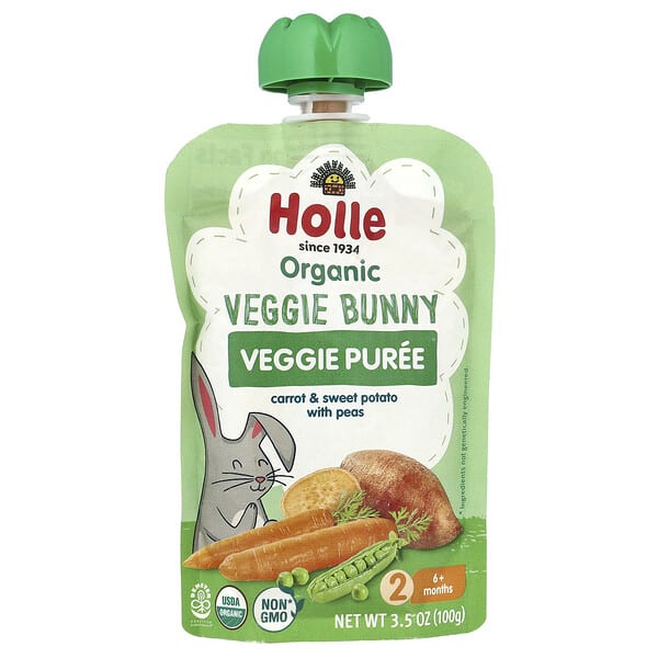 Holle, Organic Veggie Puree, Veggie Bunny, 6+ Months, Carrot & Sweet Potato With Peas, 3.5 oz (100 g) (Discontinued Item)