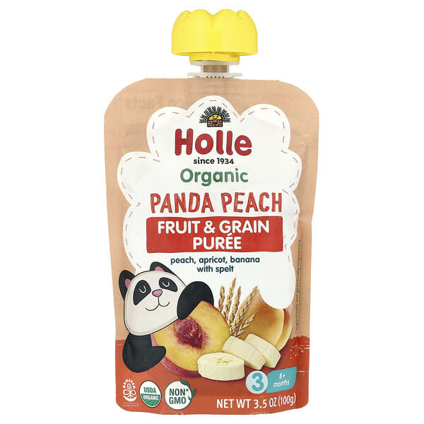 Holle, Organic Fruit & Grain Puree, Panda Peach, 8+ Months, Peach, Apricot, Banana With Spelt, 3.5 oz (100 g)