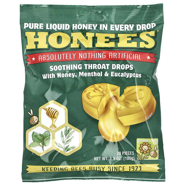 Honees, Soothing Throat Drops with Honey, Menthol & Eucalyptus, 20 ширхэг, 3.5 oz (100 g)