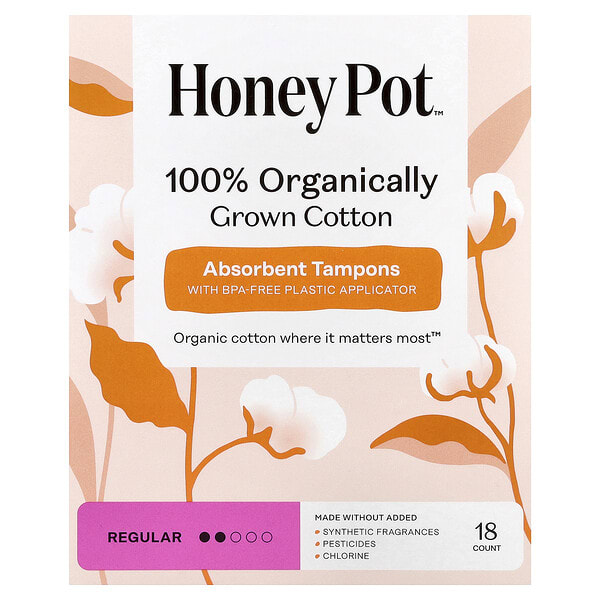 The Honey Pot Company, 100% Organically Grown Cotton Absorbent Tampons, Regular, 18 ширхэг