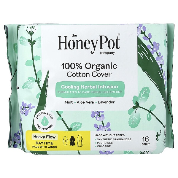 The Honey Pot Company, 100% Organic Cotton Cover, Daytime Pads with Wings, Heavy, 16 ширхэг