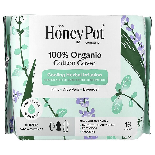 The Honey Pot Company, 100% Organic Cotton Cover, Pads with Wings, Super, 16 ширхэг
