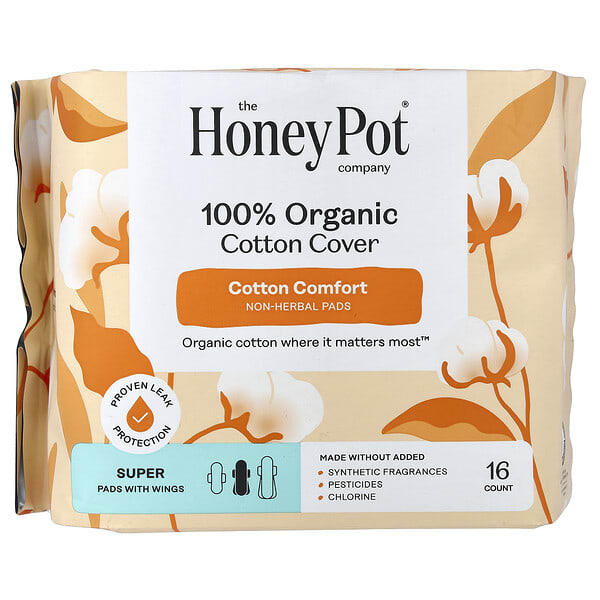 The Honey Pot Company, 100% Organic Cotton Cover, Non-Herbal Pads with Wings, Super, 16 ширхэг
