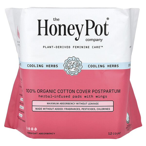 The Honey Pot Company, Herbal-Infused Pads with Wings, Postpartum Overnight, 12 ширхэг