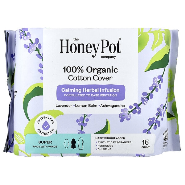 The Honey Pot Company, Organic Calming Herbal Infusion, Pads with Wings, Super, 16 ширхэг
