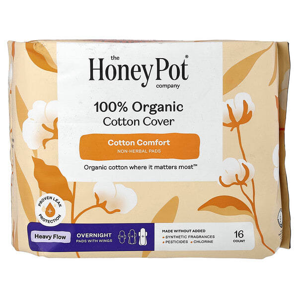The Honey Pot Company, 100% Organic Cotton Cover, Overnight Pads with Wings, Heavy, 16 ширхэг