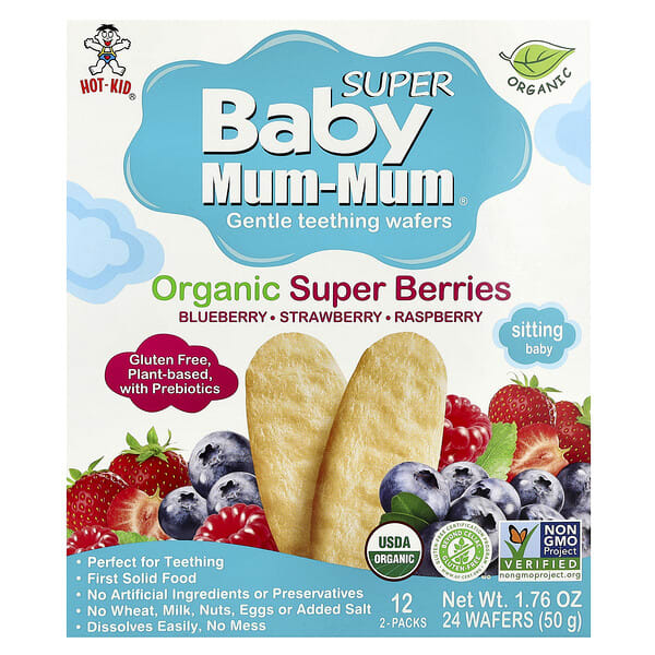 Hot Kid, Baby Mum-Mum® Super, Gentle Teething Wafers, Organic Super Berries, 12 Packs, 2 Wafers Each