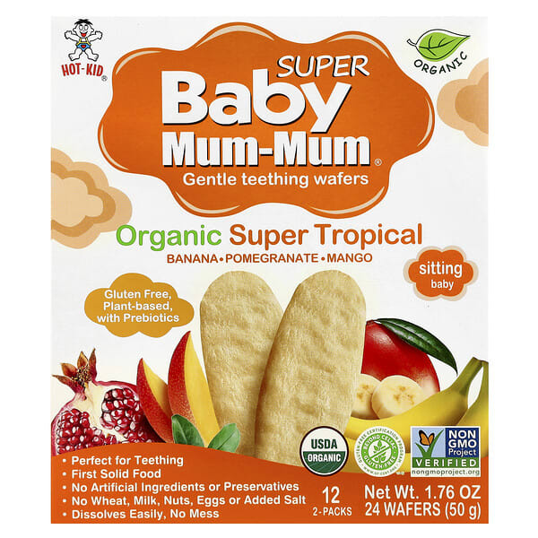 Hot Kid, Baby Mum-Mum® Super, Gentle Teething Wafers, For Toddlers, Organic Super Tropical, 12 Packs, 2 Wafers Each