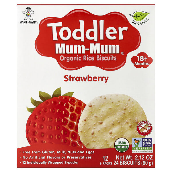 Hot Kid, Toddler Mum-Mum®, Organic Rice Biscuits, 18+ Months, Strawberry, 12 Packs, 2 Biscuits Each