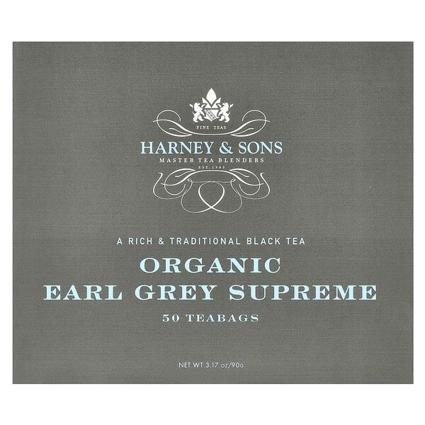 Harney & Sons, Black Tea, Organic Earl Grey Supreme, 50 Tea Bags, 3.17 oz (90 g)