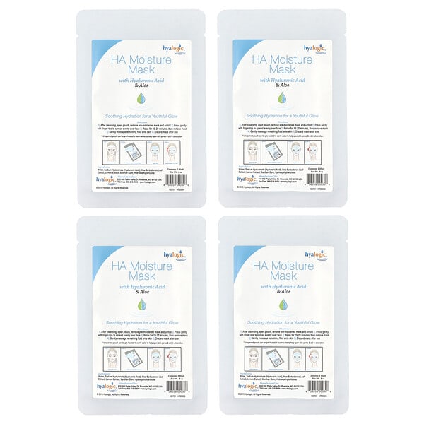 Hyalogic, HA Moisture Beauty Mask with Hyaluronic Acid & Aloe, Fragrance Free, 4 Masks, 0.8 oz Each