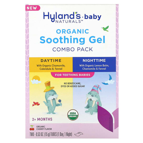 Hyland's Naturals, Нярайн, Organic Soothing Gel Combo Pack, Daytime/Nighttime, 2+ Months, органик Cherry, 2 Tubes, 0.53 oz (15 g) Each