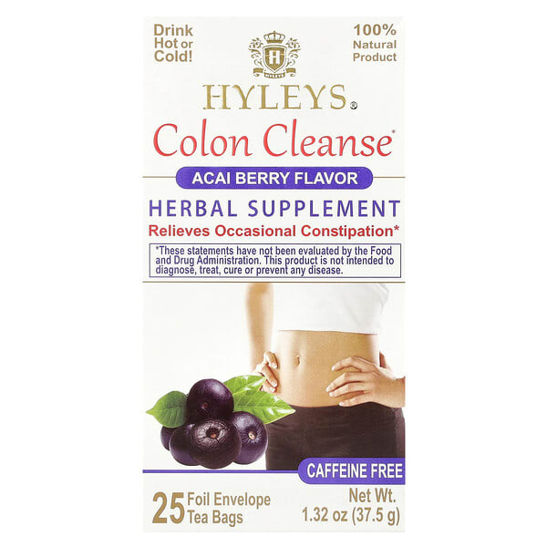 Hyleys Tea, Colon Cleanse, Acai жимс, Caffeine Free, 25 Foil Envelop Tea Bags, 1.32 oz (37.5 g)