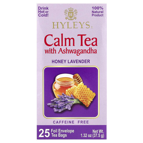 Hyleys Tea, Calm Tea with Ashwagandha, Honey Lavender, Caffeine Free, 25 Foil Envelopes Tea Bags, 1.32 oz (37.5 g)