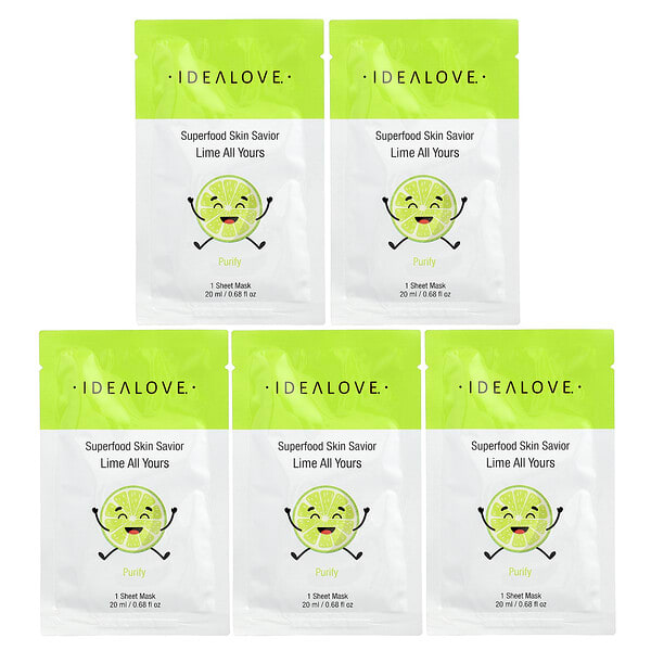 Idealove, Superfood Skin Savior, Lime All Yours, 5 Beauty Sheet Masks, 0.68 fl oz (20 ml) Each (Discontinued Item)