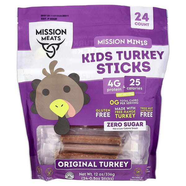 Mission Meats, Mission Minis, Kids Turkey Sticks, Original Turkey, 24 Sticks, 0.5 oz Each