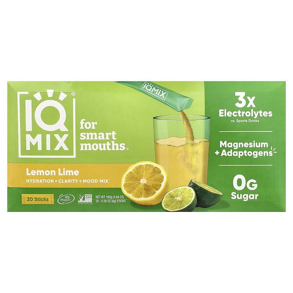 IQBAR, IQMIX®, Hydration + Clarity + Mood Mix, Lemon Lime, 20 Sticks, 0.28 oz (8 g) тус бүр