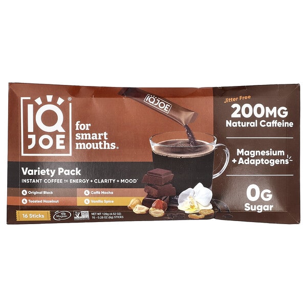 IQBAR, IQJOE®, Instant Coffee For Energy + Clarity + Mood, Variety Pack, 16 Sticks, 0.28 oz (8 g) тус бүр