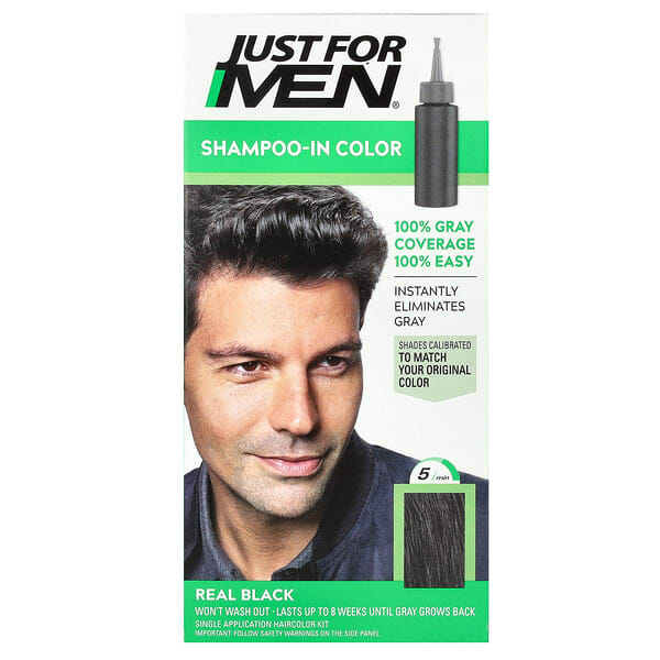 Just for Men, Shampoo-In-Color, Real Black H-55, Single Application Haircolor Kit