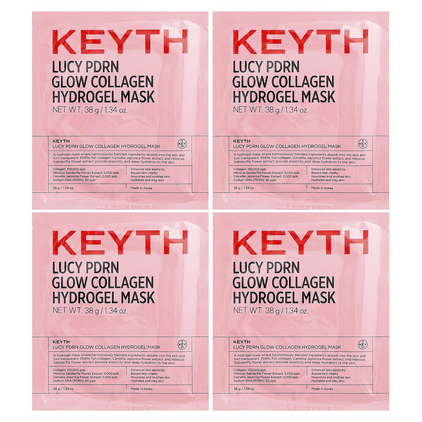 KEYTH, Lucy PDRN Glow Collagen Hydrogel Beauty Mask, 4 Sheets, 1.34 oz (38 g) Each