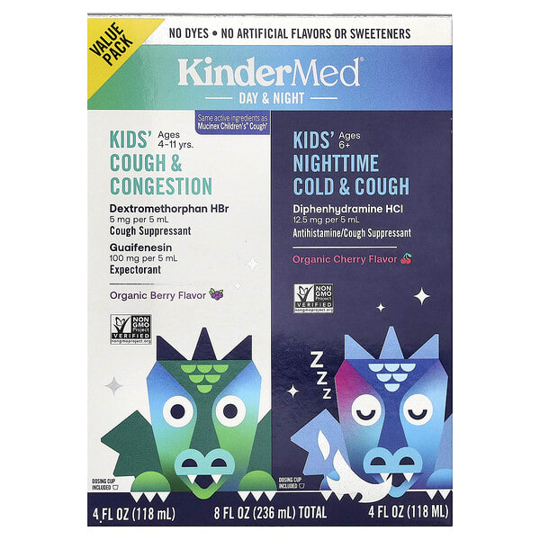 KinderFarms, KinderMed®, Kids' Day & Night, Cough, Congestion, Cold, 2 Bottles, 4 fl oz (118 ml) Each