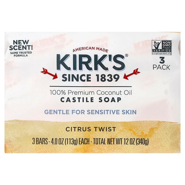 Kirk's, 100% Premium Coconut Oil Castile Bar Soap, Citrus Twist, 3 Bars, 4 oz (113 g) Each