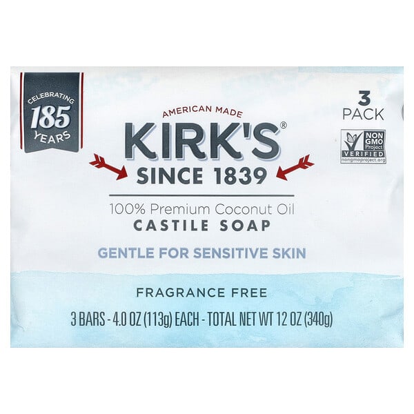 Kirk's, 100% Premium Coconut Oil Castile Bar Soap, Fragrance Free, 3 Bars, 4 oz (113 g) Each