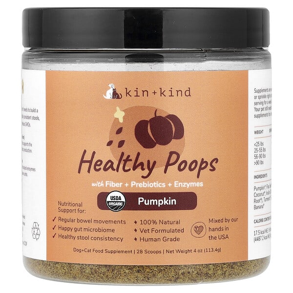 Kin+Kind, Healthy Poops with Fiber + Prebiotics + Enzymes, For Dogs & Cats, Pumpkin, 4 oz (113.4 g)
