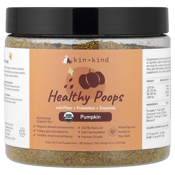 Kin+Kind, Healthy Poops with Fiber + Prebiotics + Enzymes, For Dogs & Cats, Pumpkin, 8 oz (226.8 g)